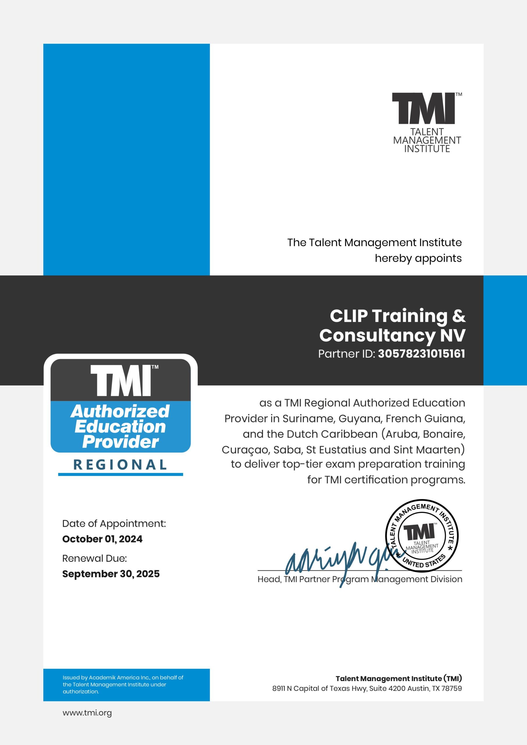 TMI Regional AEP Certificate_CLIP Training Consultancy
